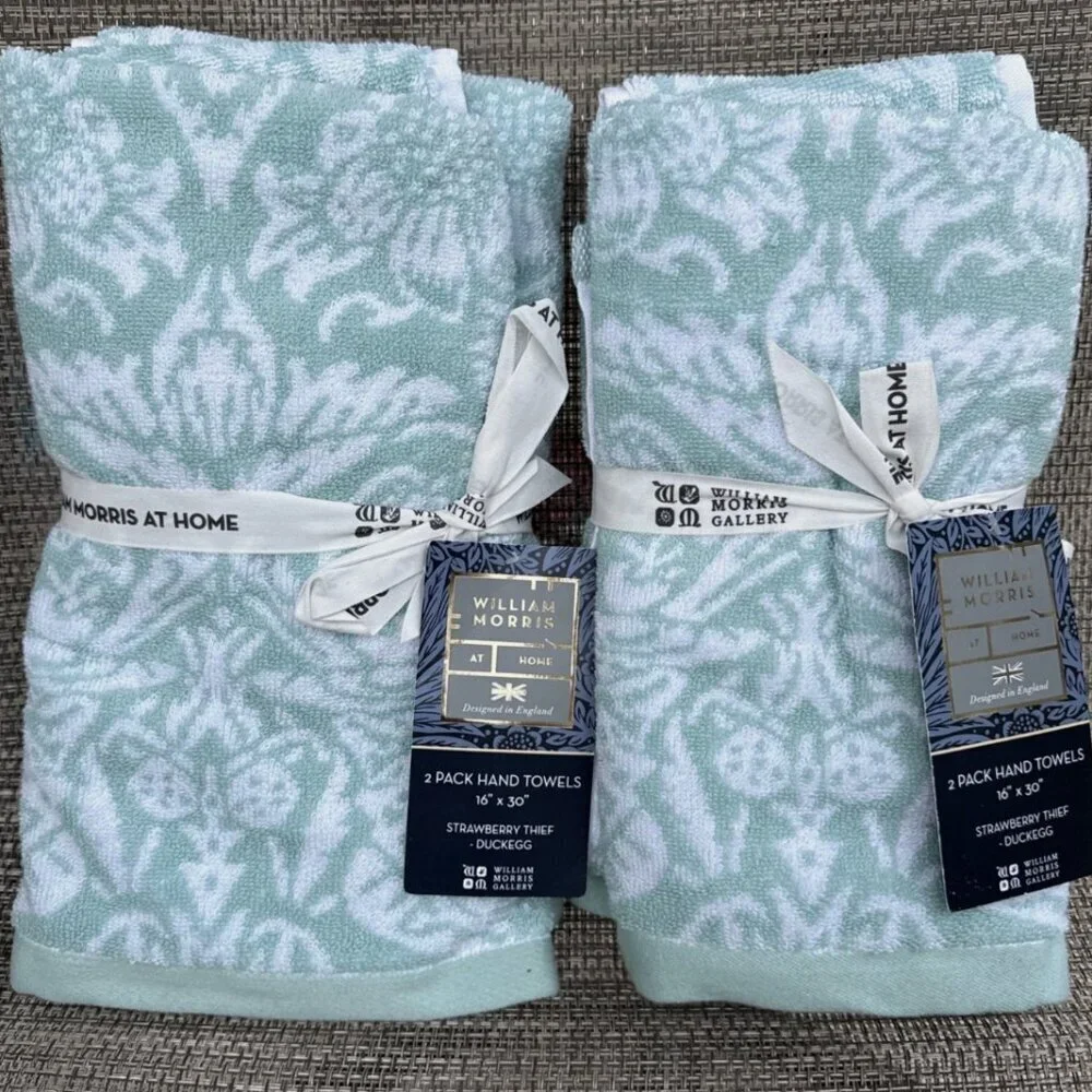 William Morris STRAWBERRY THIEF Duckegg Teal Floral Cotton Hand Towel Set 4pc